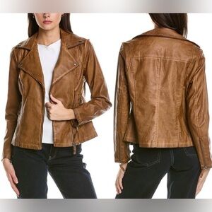MAX STUDIO COGNAC BROWN CLASSIC VEGAN LEATHER CROPPED MOTO JACKET